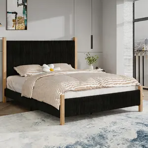 HOMBCK Full Queen King Bed Frame with Headboard, Corduroy Upholstered Bed Frame Full, Vertical Channel Design Headboard, No Box Spring Needed, Strong Structure, Noise-Free, Easy Assembly, Black/Beige/White
