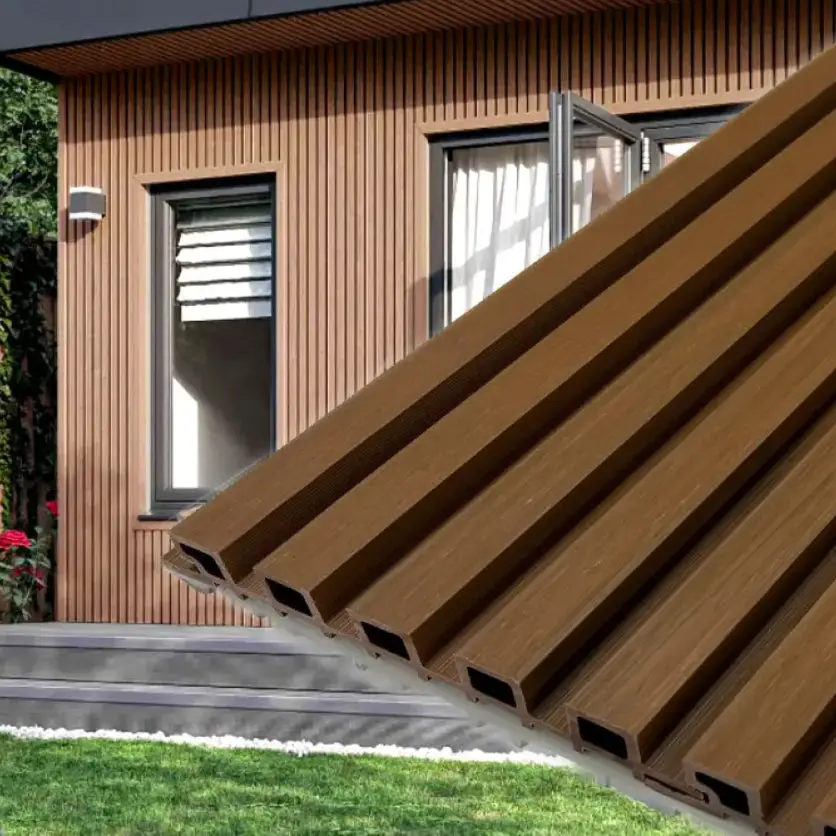 Premium Teak A1 Fire Rated 5 Grid Composite Siding Slat Panels Waterproof WPC Outdoor Exterior Wall Cladding for Modern House Facade, Architectural Decoration & Luxury Wall Design