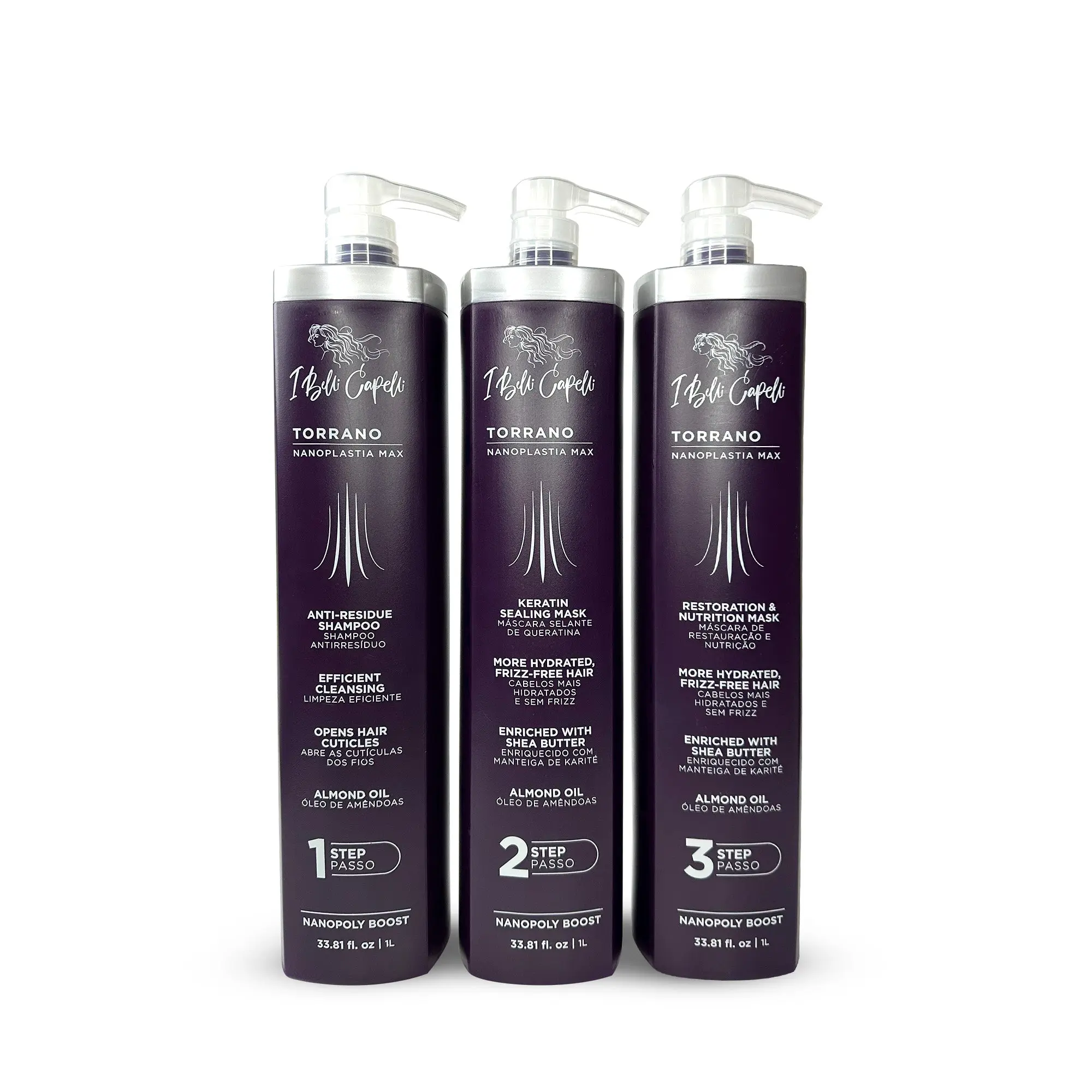 I BELLI CAPELLI Torrano Nanoplastia Max Straightening Kit - 3-Step Haircare System for All Hair Types, 3x1L, Vitamin C Shampoo, Hydrating Mask with Shea, Tamarind, Hyaluronic Acid, Keratin, Almond Oil, Unisex Cream, Cleanser, Restorer, Smooth