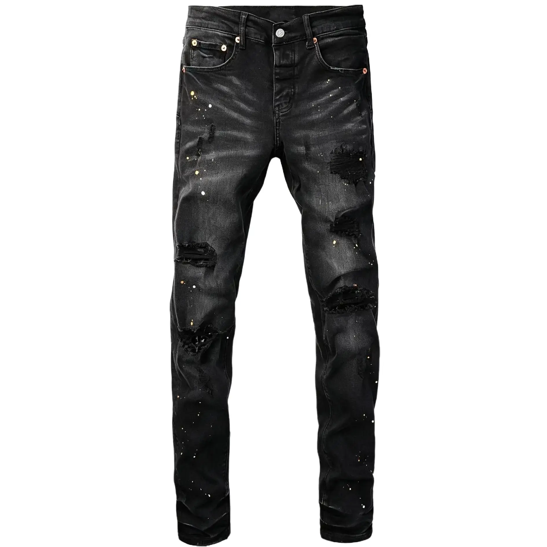 Men’s high-stretch, high-quality vintage washed jeans with multi frayed edges and distressed details, gold and white paint splatter finish, slim tapered fit; slim stretch wrinkle-resistant skin-friendly denim long pants; all-season style suitable for ever