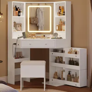 HAUOMS Vanity Desk with Mirror Lights, Storage Bench & Power Outlet, Corner Vanities with Rotating Cabinet & Drawers, 42.5" L Shaped Vanity Set, 3 Light Settings, for Women Girls, Modern
