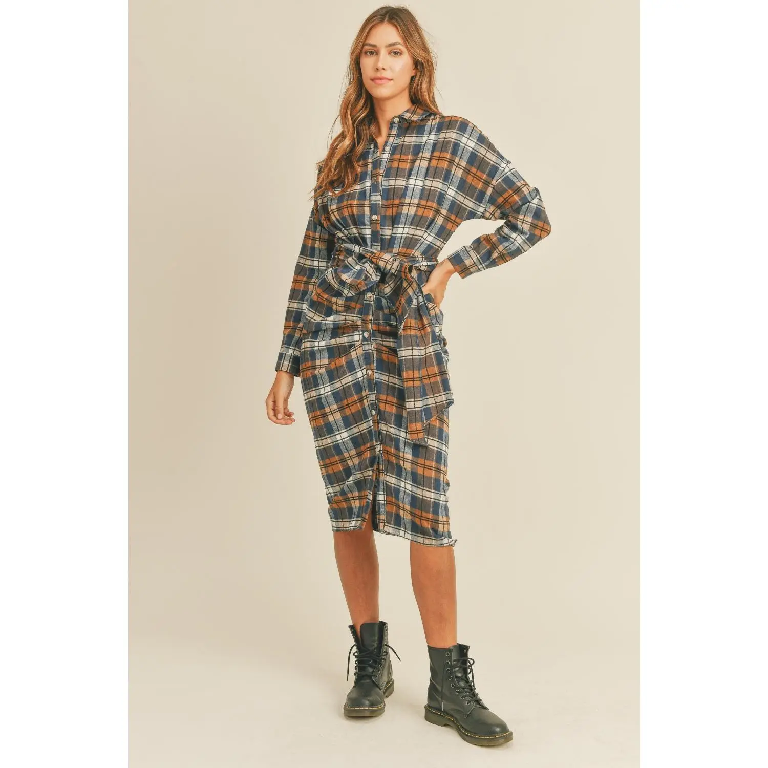 Mable Plaid Flannel Front Tie Button Down Shirt Dress