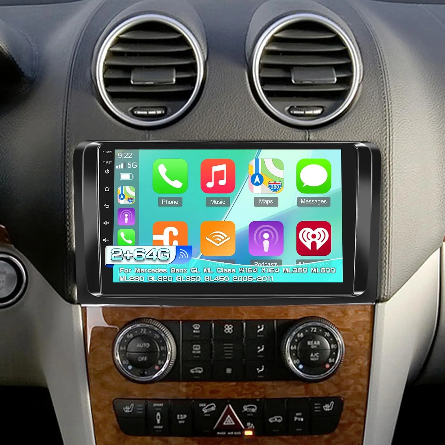 RIMOODY 9-Inch Carplay Touchscreen Android Head Unit, 4G+64G System, Android Auto Compatible, EQ Audio, 1080P, SWC, Bluetooth for Mercedes Benz W164 X164 ML/GL Class (2005-2011) - Aftermarket Stereo In-Car Entertainment Car Video Player Father's Day Gift