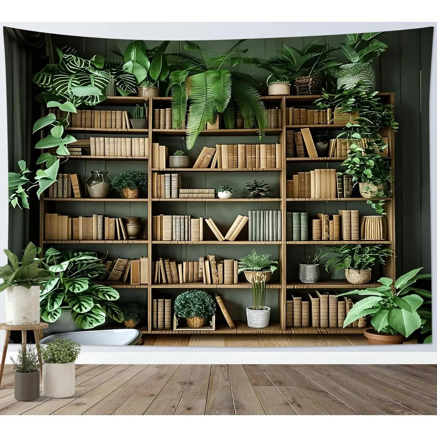 LB Vintage Library Bookshelf Tapestry Green Botanical and Classroom Book Tapestry Wall Hanging Succulent Potted Plant on Brown Wood Book Shelf Wall Decor for Bedroom Living Room Dorm 80Wx60L Inches Wooden Blue