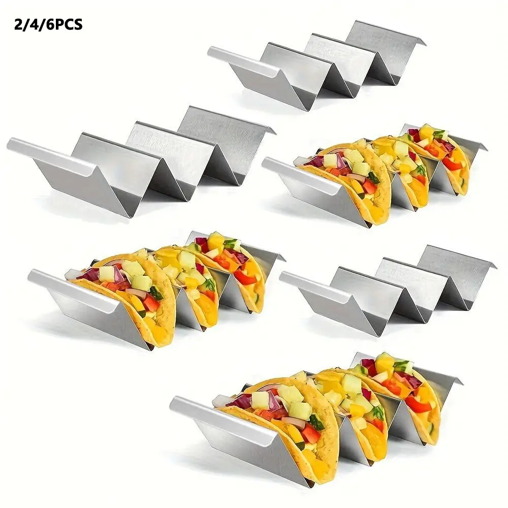 Taco Holders Set ,Taco Stand, Stainless Steel Taco Holder, with Easy-Access Handle, Each Can Hold 2 To 3 Tortillas, Oven Safe for Baking and Grill, Dishwasher Safety, Cooking Utensils Set, Kitchen Utensils Holder, Kitchen Accessories