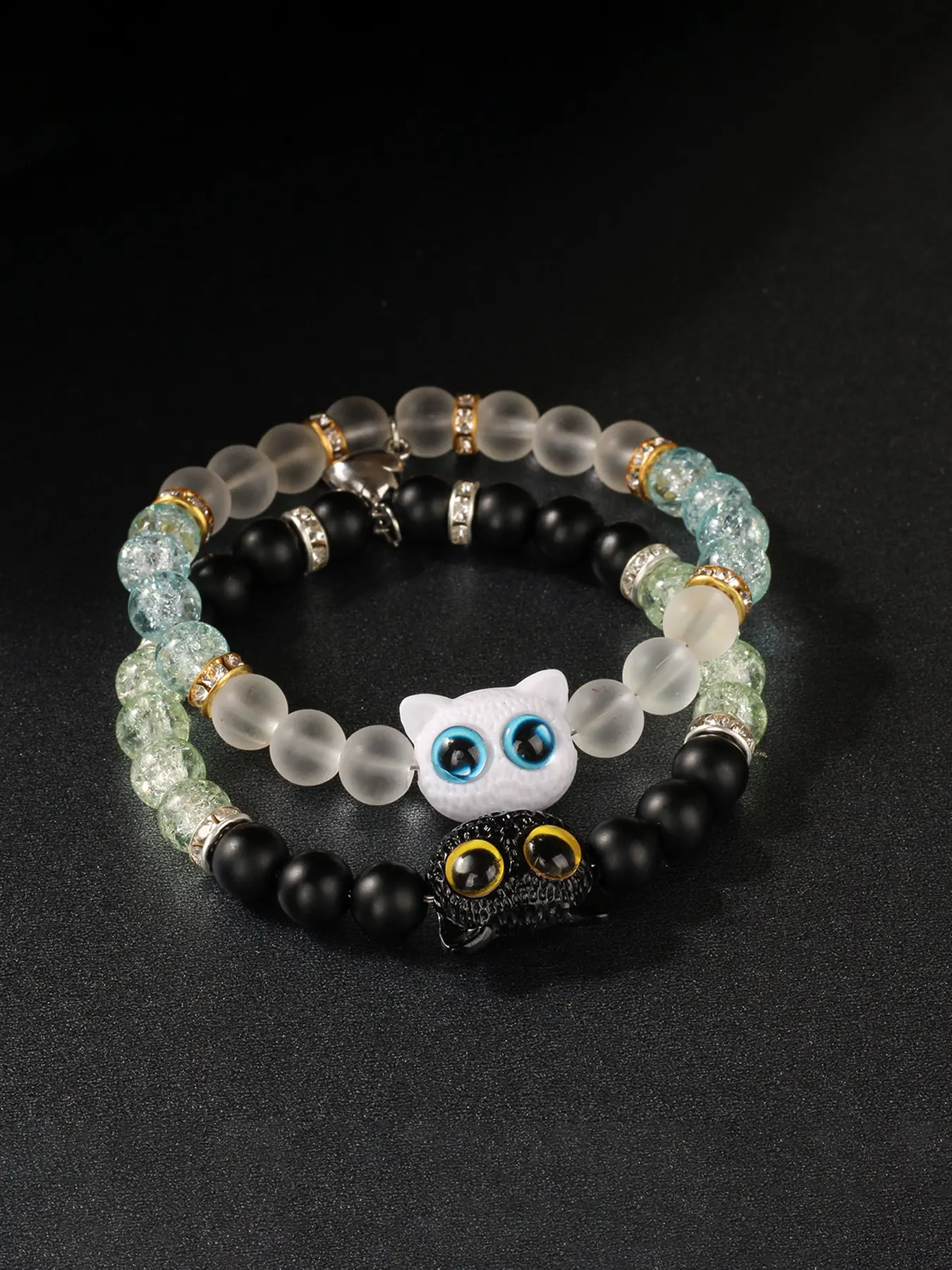 Two-Piece Crystal Beaded Matching Bracelet Set, Beautiful Bracelets, Cartoon Cat Heart Design, Couple Bracelets, Companion Bracelet, Couple Best Friend Friendship Jewelry, Holiday Gift, Daily Wear, Beaded Bracelet Sets