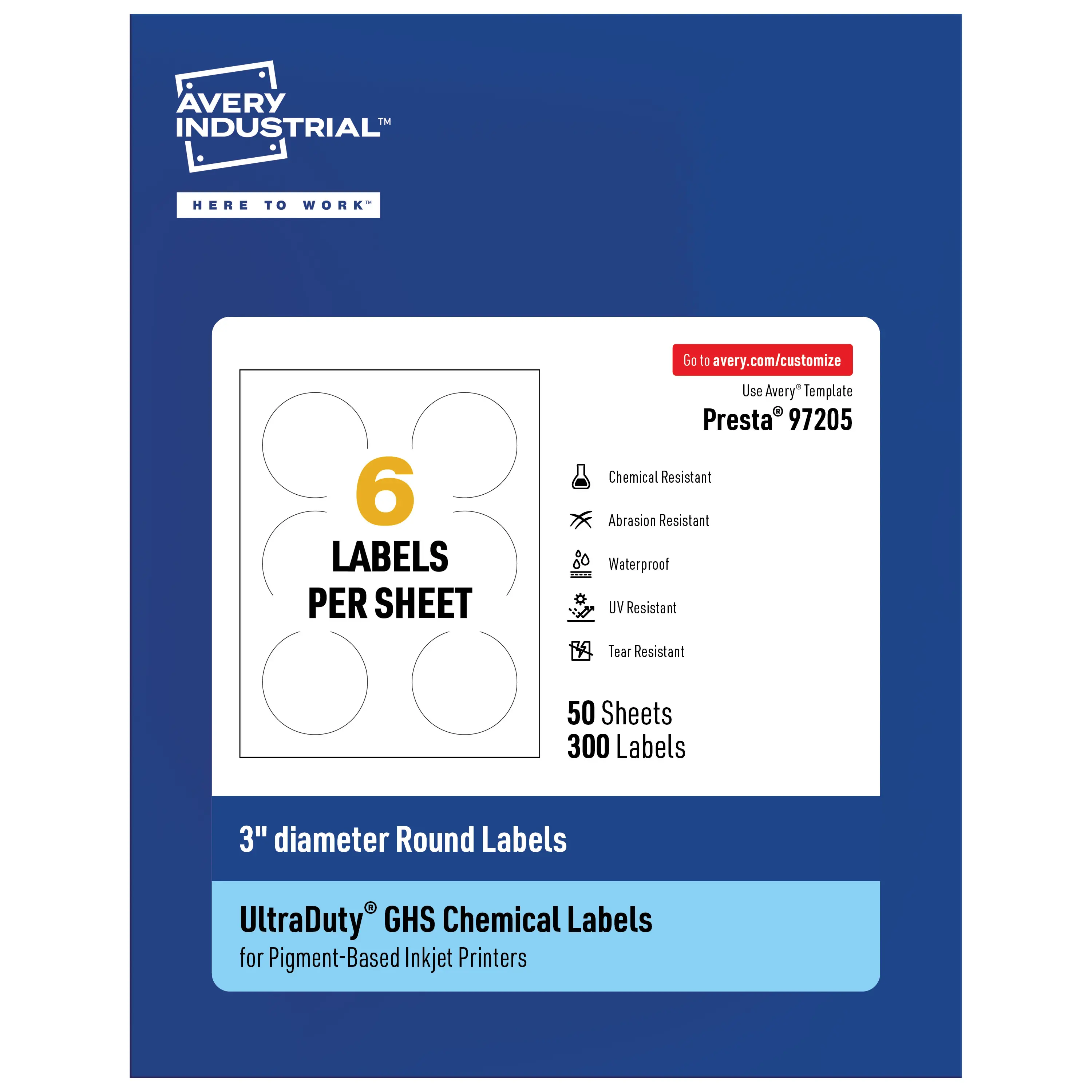 Avery UltraDuty GHS Chemical Labels, Waterproof, 3" Diameter Round Labels, Compatible with Pigment Inkjet Printers, Chemical Labeling, Pigment Printers