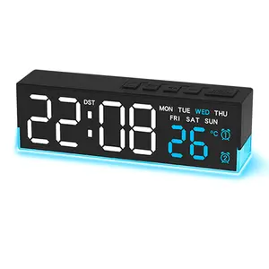 8 Inch LED Digital Alarm Clock with Dual Alarms & Bottom Glow｜Displays Time, Date, Day, Temperature ｜3-Level Auto/Manual Brightness, DST, USB or Battery Powered Modern Desk Clock