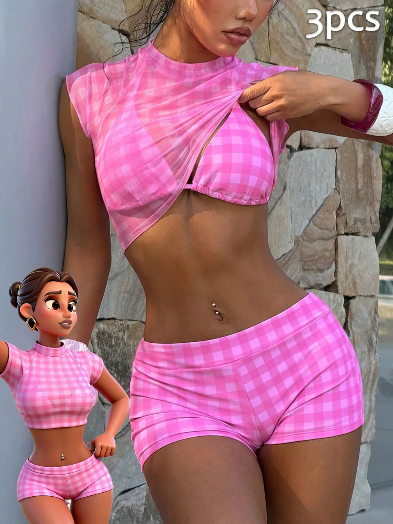 3pcs Women's Swimsuit bikini, Plaid Gingham Bikini, Swimsuit Set, Swimwear top, gingham pink beachwear swimsuit summer T-shirt coverups outfit, Going Out Outfits, Birthday Outfit, Casual, Y2k, Classy