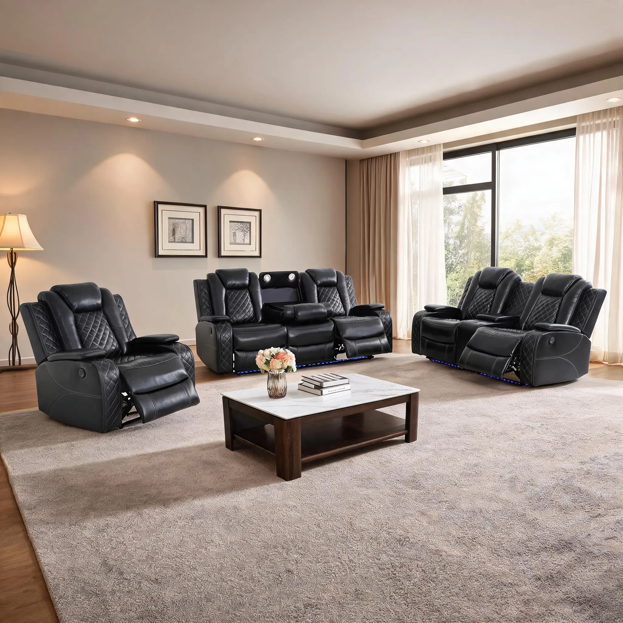 Lifestyle Black Breathing Leather 3-Piece Living Room Recliner Sofa Set Gaming Chair Gaming Sofa