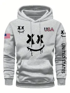 USA Drip Smile Graphic Hoodie, Sweatshirts, Black American Flag Streetwear, Soft Cotton Blend Everyday/Street Style, TikTok Edgy Patriotic Hoodie, Oversized Comfortable Casual Wear, Perfect for 4th of July/Urban Fashion