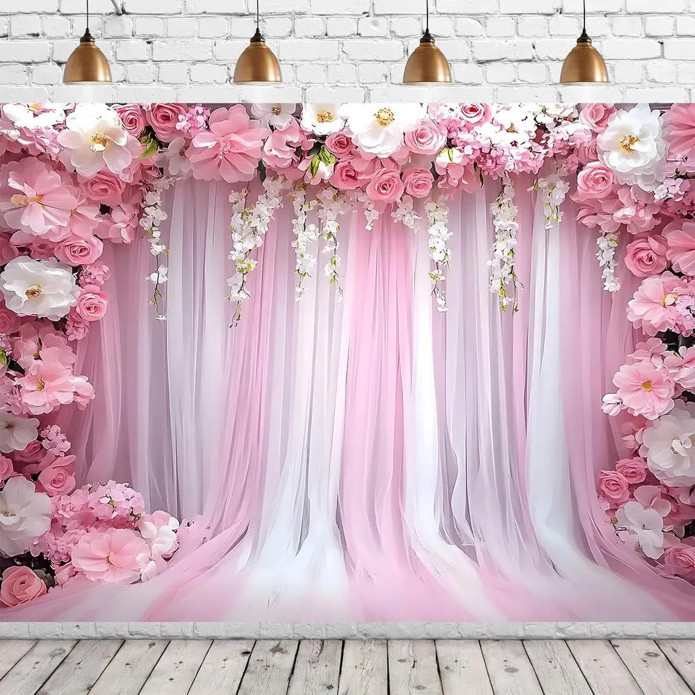 1PC Reusable Polyester 2D Blush Pink Romantic Floral Backdrop Banner, Party Decoration Supplies for Wedding Photography, Birthday, Home & Outdoor Event Decor,summerwins