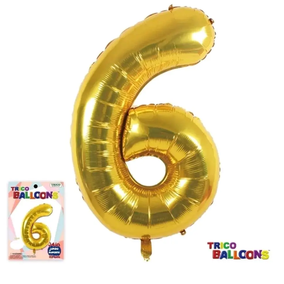 Trico Balloons 34" JUMBO Metallic Helium Number 6 Gold - Birthday, Anniversary