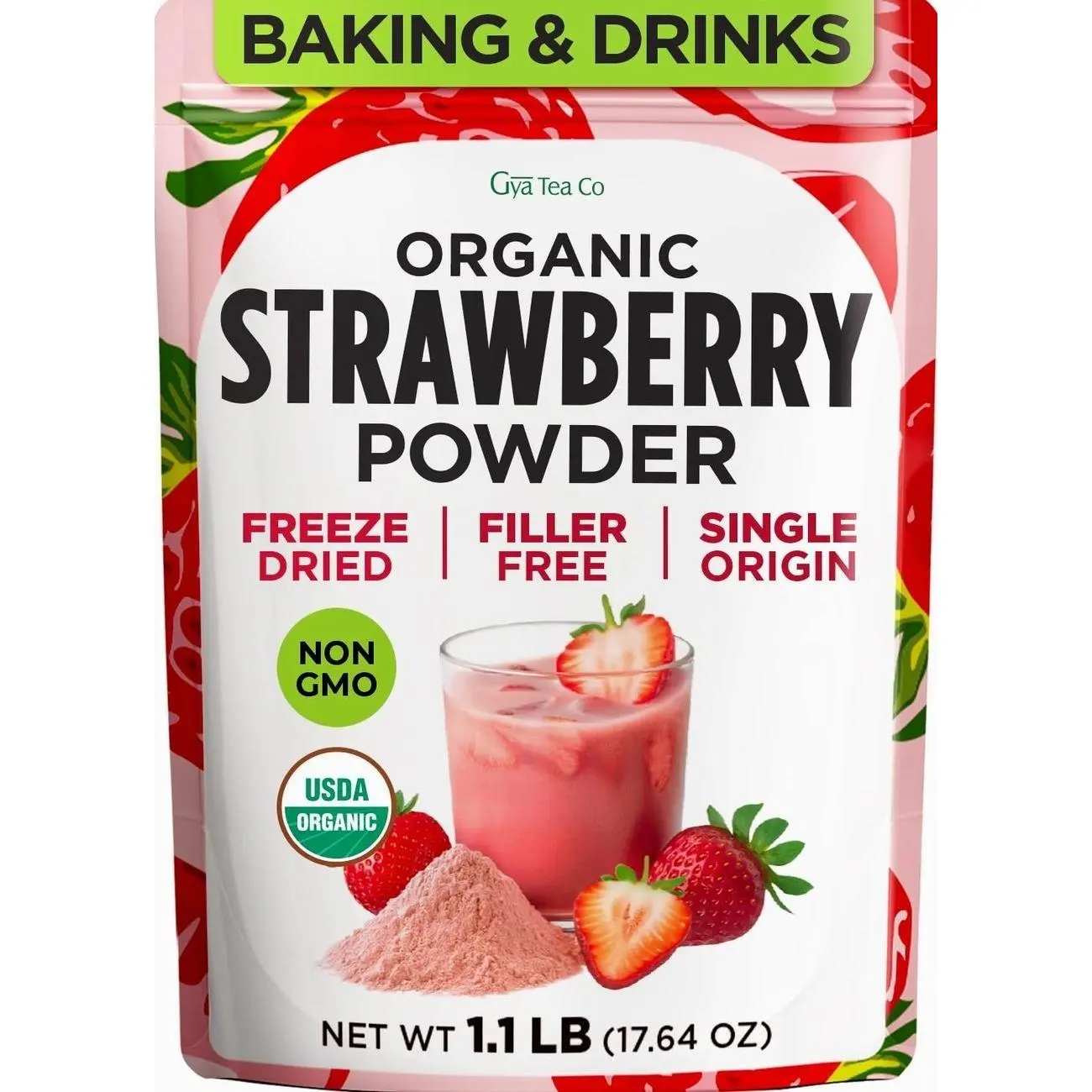 Organic Strawberry Powder 1.1 Lb (71 Servings) for Smoothies & Baking | 100% Freeze Dried, No Fillers, Non-GMO, Vegan Fruit Powder for Frosting, Yogurt, Desserts & Milk - Natural Pink Color