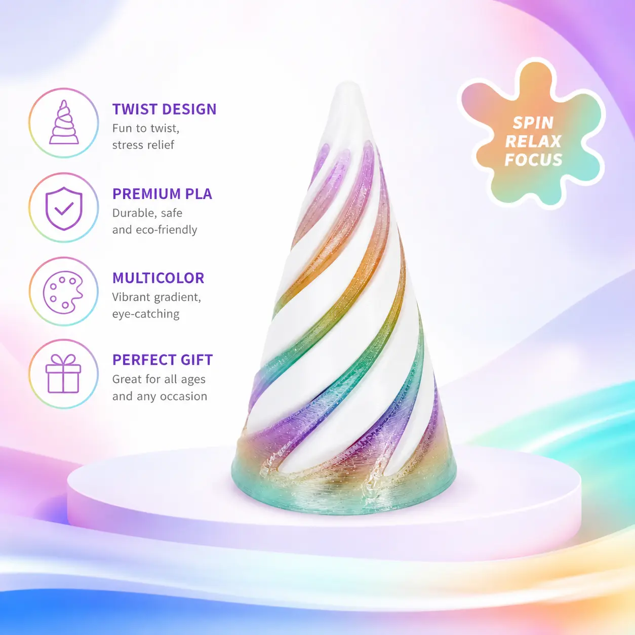 1 Count, 3D Printed Conical Twist Fidget Toy, Mixed Color PLA Material Decompression Toy for Casual Fidget Play and Daily Desktop Display