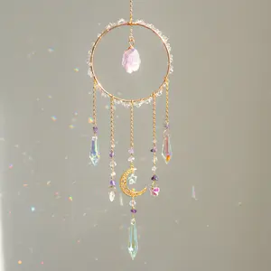 Crystal Sun Catcher, Window Hanging Suncatcher with Amethysts, Handmade Rainbow Maker Indoor Outdoor Decor for Window Bedroom Courtyard Garden, Bless Gift