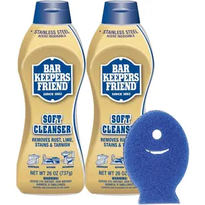 Bar Keepers Friend Soft Cleanser Liquid (2 x 26 oz) Plus Dish Fish Sponge - Multipurpose Cleaner & Rust Stain Remover for Stainless Steel, Porcelain, Ceramic Tile, Copper, Brass & More
