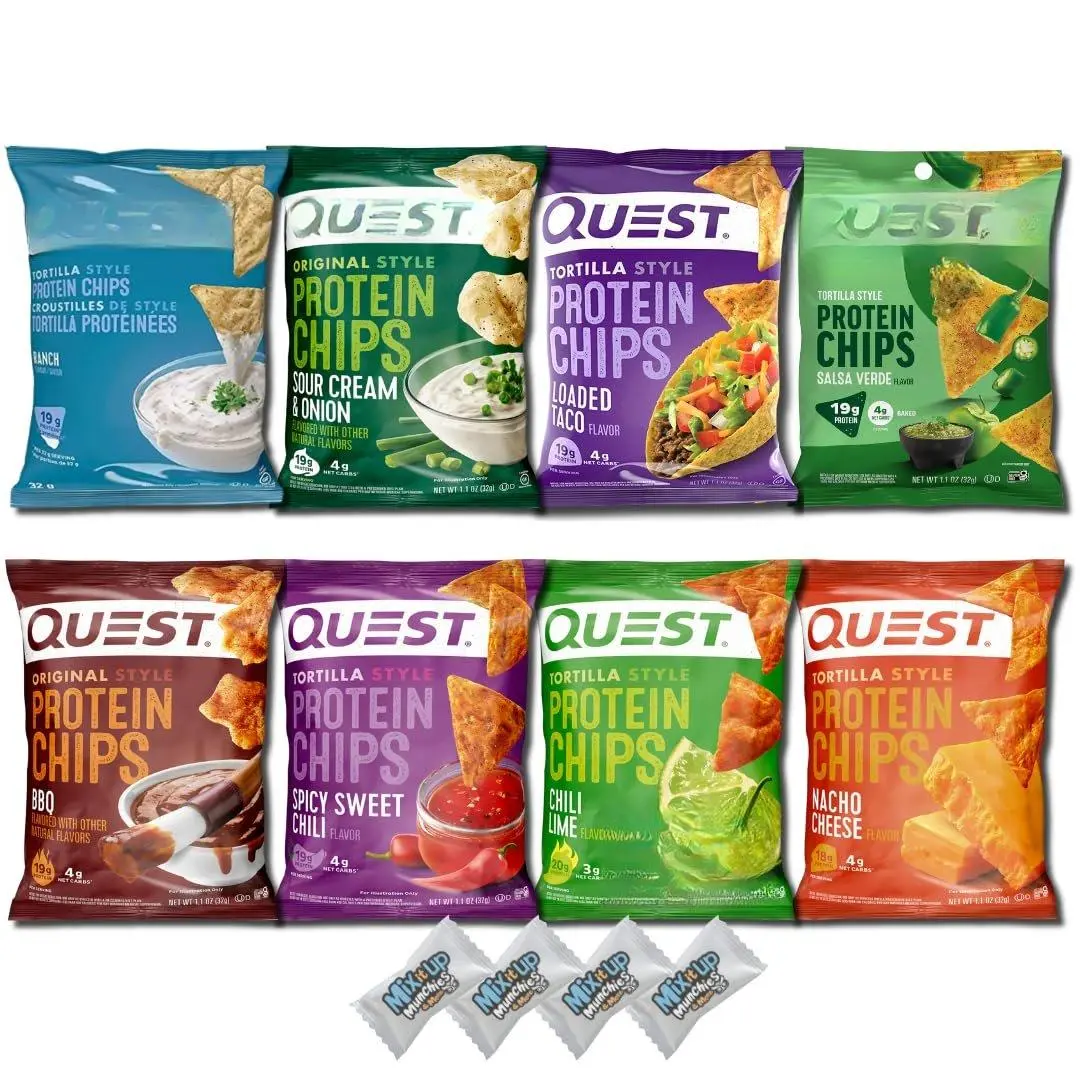 Quest Protein Chips Variety Pack - 8 Bold Flavors (Crispy, Crunchy, Sour, Cheese), 4 MIMM Mints (Sweet Mint Finish), 18-20g Protein Per Bag, Non-Fried Baked Ketofriendly Snacks, Gluten-Free, 101 to 200 Calories, Sugar-Free, Travel Care Package