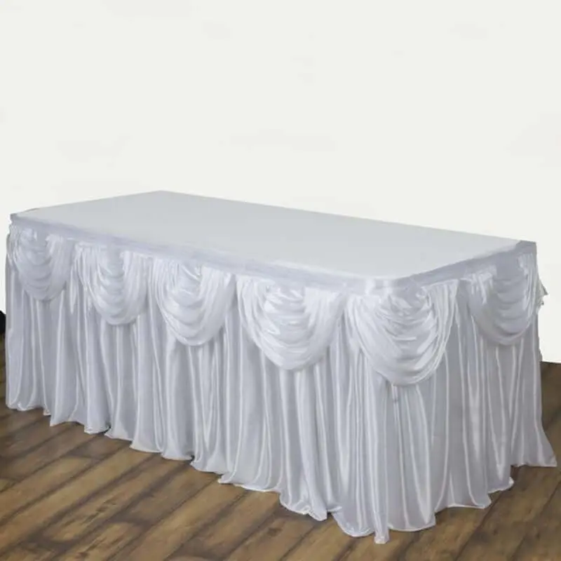 14ft White Soft Satin Pleated Double Drape Table Skirt - Glamorous Decor for Weddings, Banquet Tables, Cake & Dessert Displays, Craft Fair Booths, Skirts