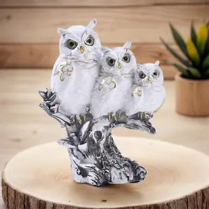 Realistic Design Family Three Cats Owl on Branch Sculpture, Vintage Resin Statue Figurine Indoor Tabletop Decor Home Office (White)