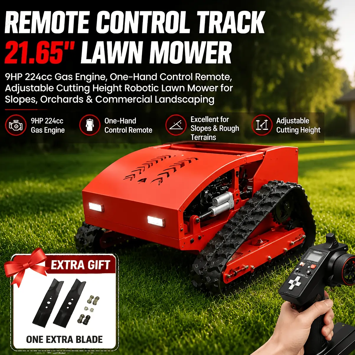 21.65" Remote-Control Track Lawn Mower-9HP 224cc Gas Engine, One-Hand Remote Control, Adjustable Cutting Height, Robotic Mower for Slopes, Orchards, Includes an Extra Bonus Blade Set