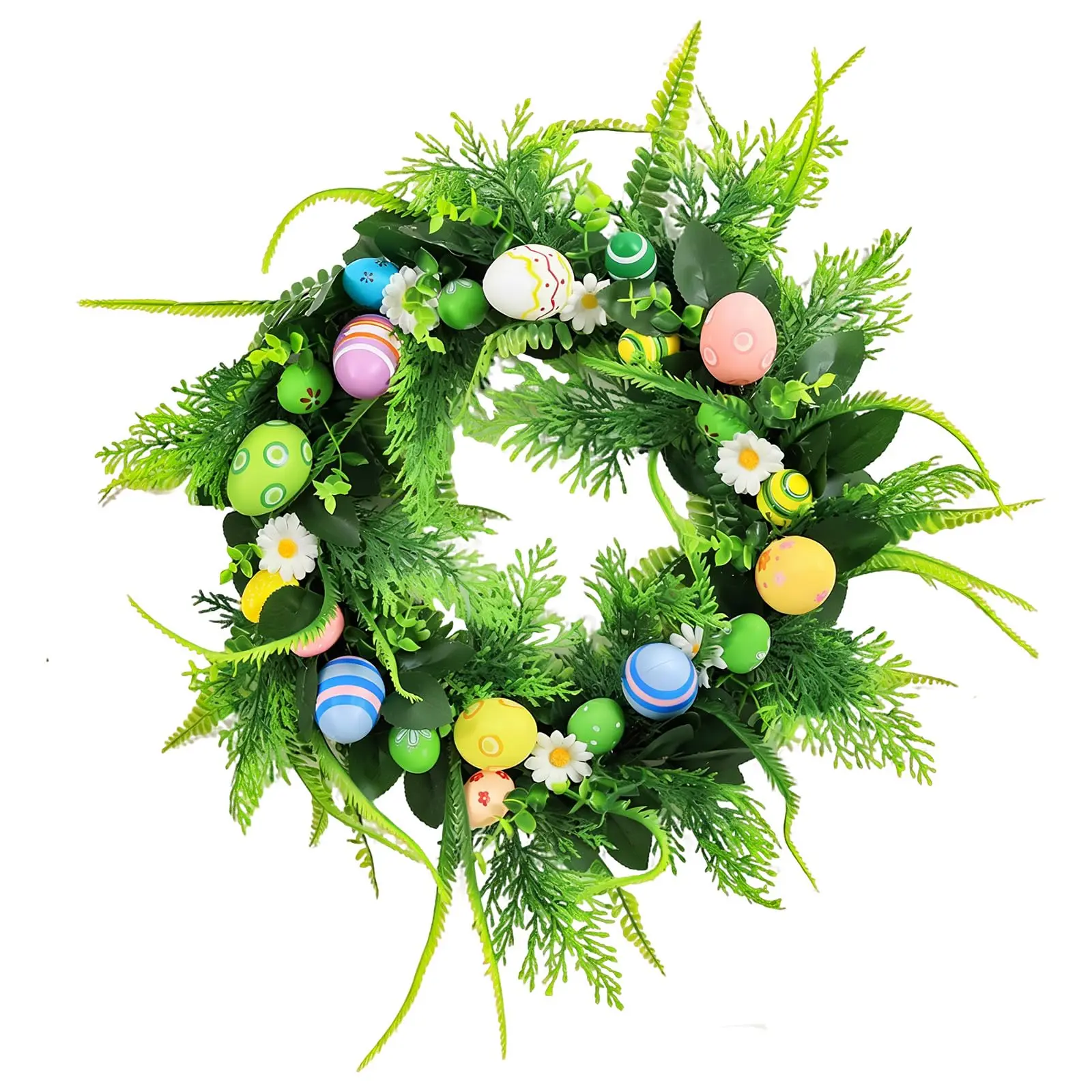 18-in Round Plastic Pastels Colorful Artificial Easter Wreath - Spring Floral, Egg, Green Leaves Decor for Front Door, Outdoors Indoor Home Decoration, Room Decor
