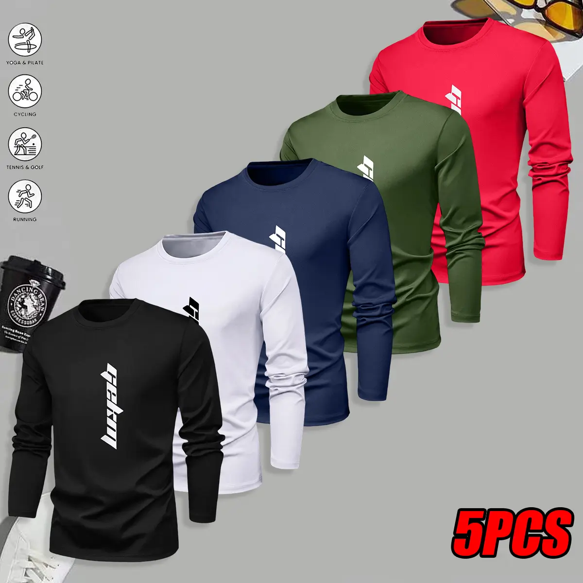 Men's Casual Letter Print Long-Sleeve T-Shirt, Athletic Crew Neck Top for Fitness and Running, Polyester Shirt