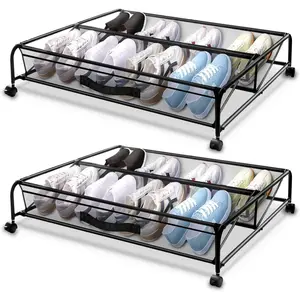 Under Bed Shoe Storage with Wheels, Space Saving Shoe Organizer with Sturdy Metal Frame & Breathable Mesh, Suitable Under the Bed, Sofa and Desk, 2 Packs