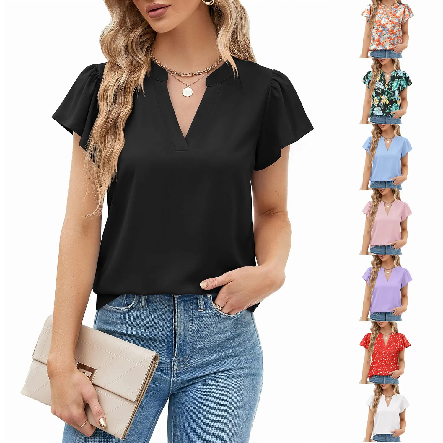 Women's Chic Comfortable Solid Drape Blouse - Ruffle-Sleeve, V-Neck, Flowy, Short-Sleeve, Dressy Casual, Business Office Work, Summer Beach Tops 2026