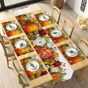 2D flat printing, 1 piece/4 piece/5 piece set/7 piece set, autumn harvest table flag and placemat set, autumn harvest table decoration, with pumpkin gourd and colorful flower design, Thanksgiving kitchen and restaurant decoration