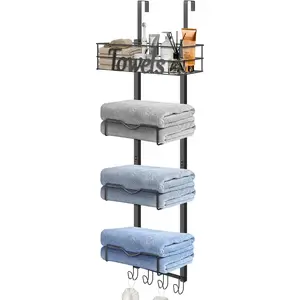 Over-the-Door Towel Rack, No Drilling Required Towel Storage Rack with Basket and Hooks, Space-Saving Multifunctional Towel Rack Suitable for Bathroom, Bedroom, Apartment, RV (Matte Black)