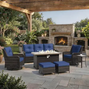 Outdoor Patio Furniture Set - Thick Wicker Sectional Sofa with Swivel Chairs and Fire Pit Table, Patio Conversation Set for Backyard, Deck