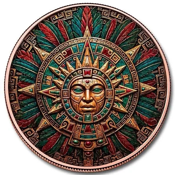 Aztec Sun Relic 5 oz Colorized Copper Round (New in Capsule)