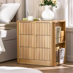 Sikaic Fluted Nightstand with Charging Station, Modern Nightstand with 3 Drawers, End Table with Side Storage Shelves, Bedside Table for Bedroom, 4 Solid Wood Legs, Curved Profile Design, Natural Oak summervibes