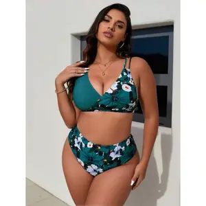 Women's Plus Size 2-Piece Digital Print Bikini Set - Push Up Padding, Adjustable Straps, Waisted Bottoms - Large Bikinis Bottoms Curvy Swimwear