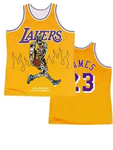 LeBron James #23 Los Angeles Basketball Jersey Yellow Purple Skeleton Dunk Flame "City of Angels" Graphic Breathable Mesh Sleeveless for LeBron Fans Supporters, Streetwear Collectors & Basketball Legend Enthusiasts, Sports Jersey