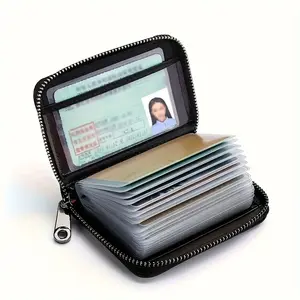 Men's ultra-thin RFID anti-theft zipper wallet, Rfid Blocking Pouch - multi-functional business card holder, secure travel document storage, can hold 20 cards, durable black design, simple style metal buckle pendant