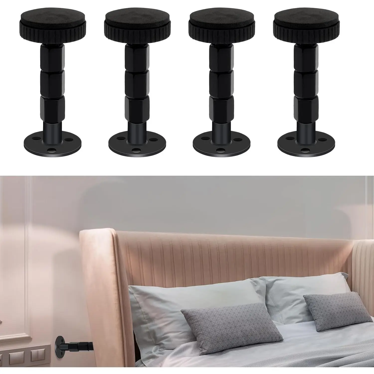 Headboard Stoppers for Wall, 4 Pack Bed Stoppers,1.18in-3.35in Adjustable Bed Frame Anti-Shake Tool, Function as Bumpers Between The Wall and Couch, Bed Frames, Headboards, No Creaking