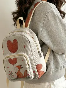 1 piece of 2D printed lady's backpack with a fox and heart balloon pattern, velvet texture + layered storage + lightweight and easy to carry | Suitable for students going to class/shopping/short trips | Combines atmosphere with practicality