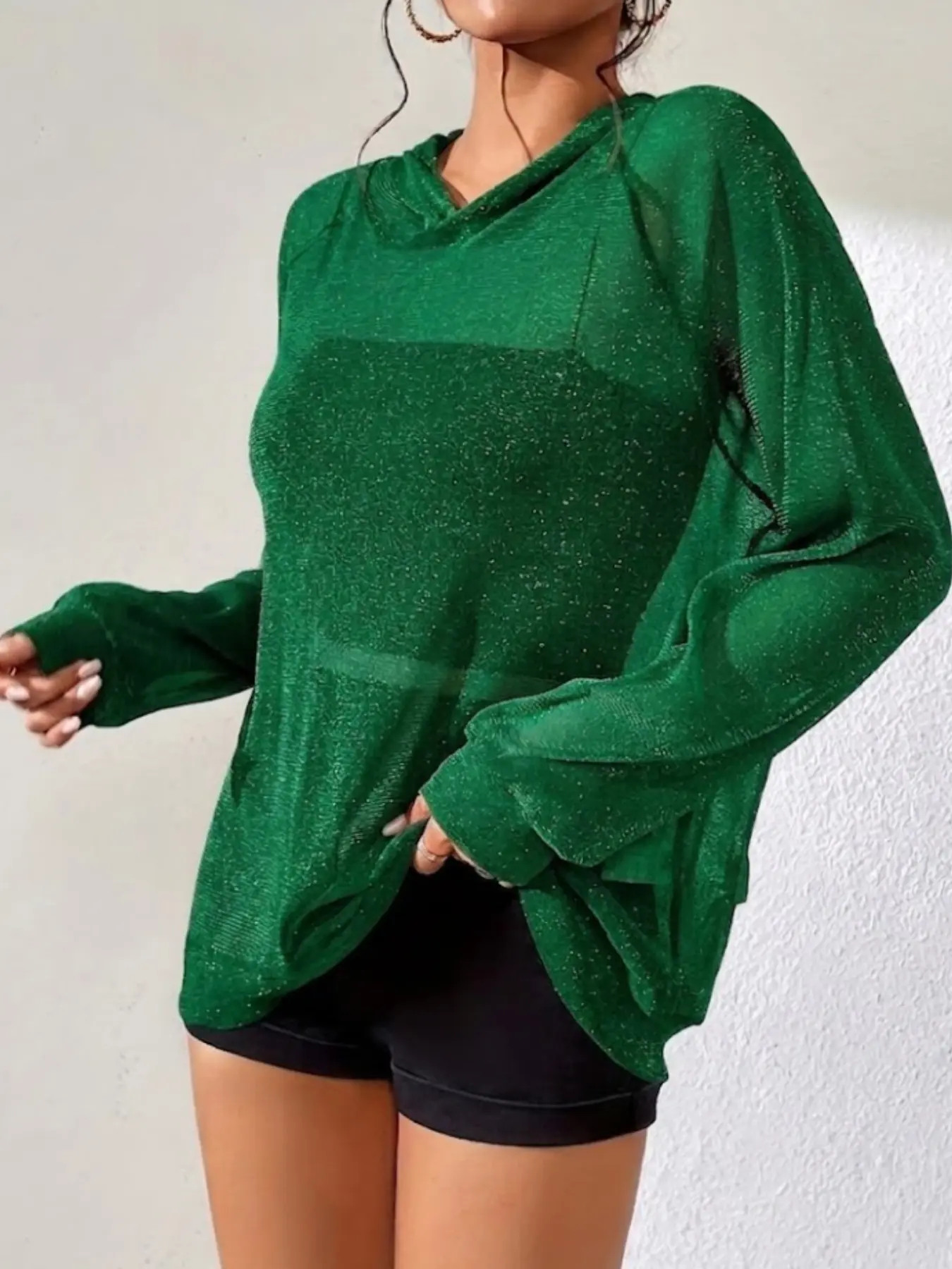 Women's Sheer Mesh Sparkly Pullover Hoodie Y2K Long Sleeve Glitter See Through Top Lightweight Loose Fit Festival Rave Outfits Going Out Party Club Shirt Beach Swimwear Cover Up Summer Spring Fashion Casual Blouse Trendy Streetwear Womenswear