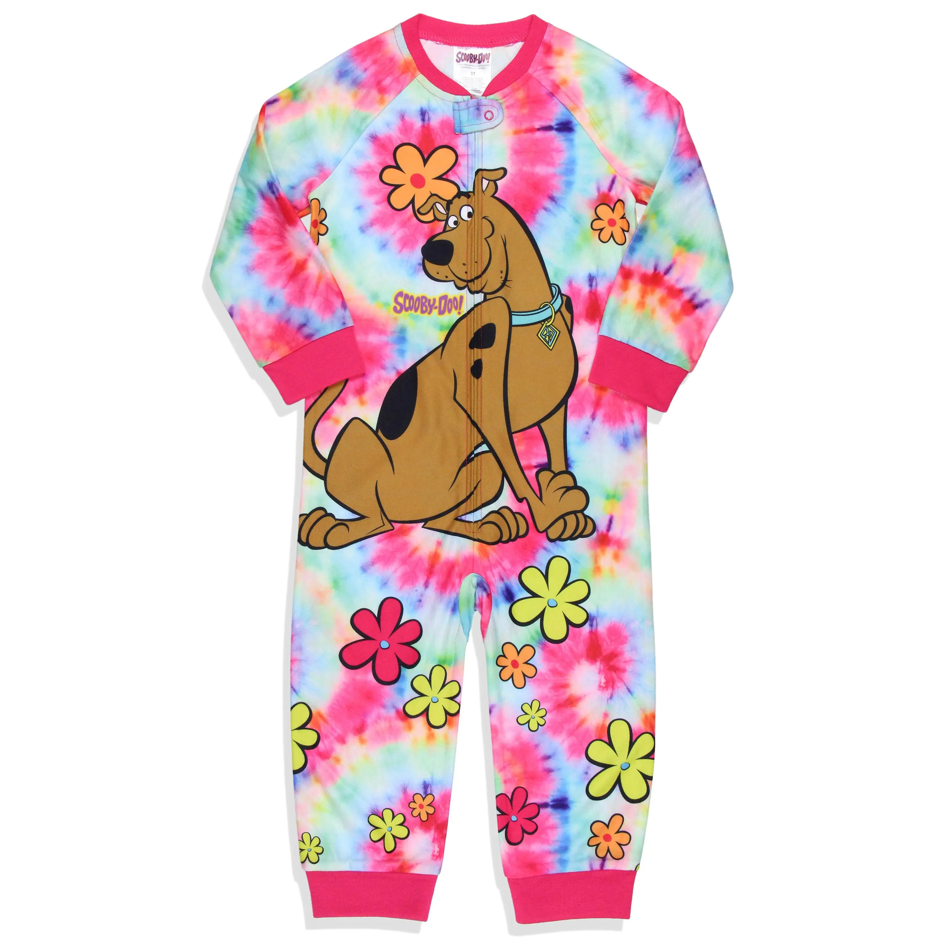 Scooby-Doo Toddler Girls' 3-4 Years Floral Print Sleepwear, Crew Neck Tie-Dye Footless Union Suit, Polyester Ribbed Fabric Zip Pajama with Elastic Band, Long Sleeves, Classic Character Design for Fantasy Adventures, Cold Wash Clothes