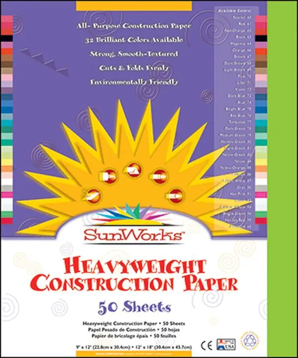 Pacon Corporation PAC9607 Sunworks Heavyweight Construction Paper, 12 Inches x 18 Inches Bright Green, 50Ct, Smooth Texture for Crafting, 12X18 In