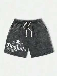 Men’s summer DonJulio letter-print washed cotton athletic shorts—casual, loose fit with a drawstring waist and pockets; retro street style, 2000s vibe. Suitable for running, golf, fishing, basketball, camping, gym workouts, swimming, and the beach.