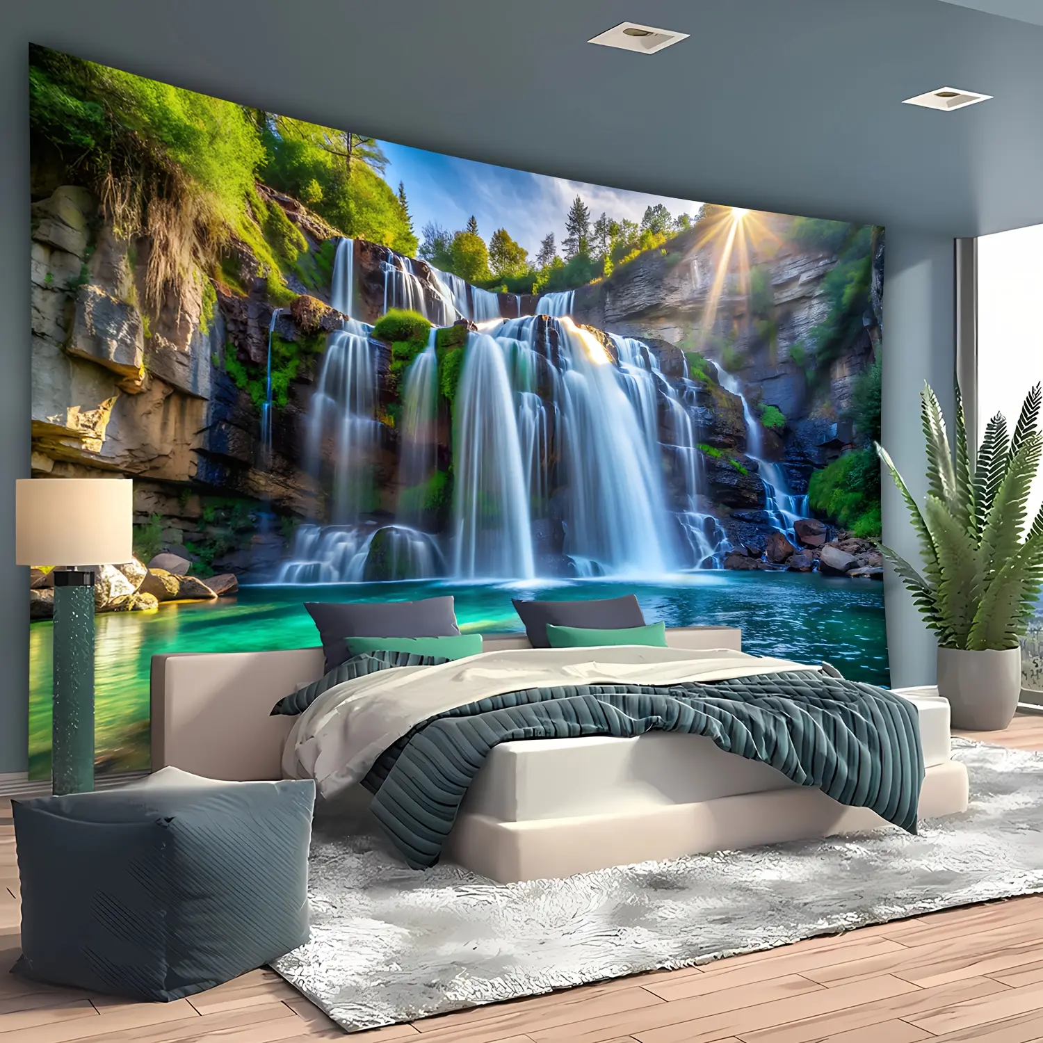 1 Piece Extra Large Waterfall & Sunlight Landscape Tapestry - Polyester Artwork Panel Tapestries, Room Decor, Living Room Decor for Indoors, Easy-Install Home Supplies for Bedroom Office, No Power Required