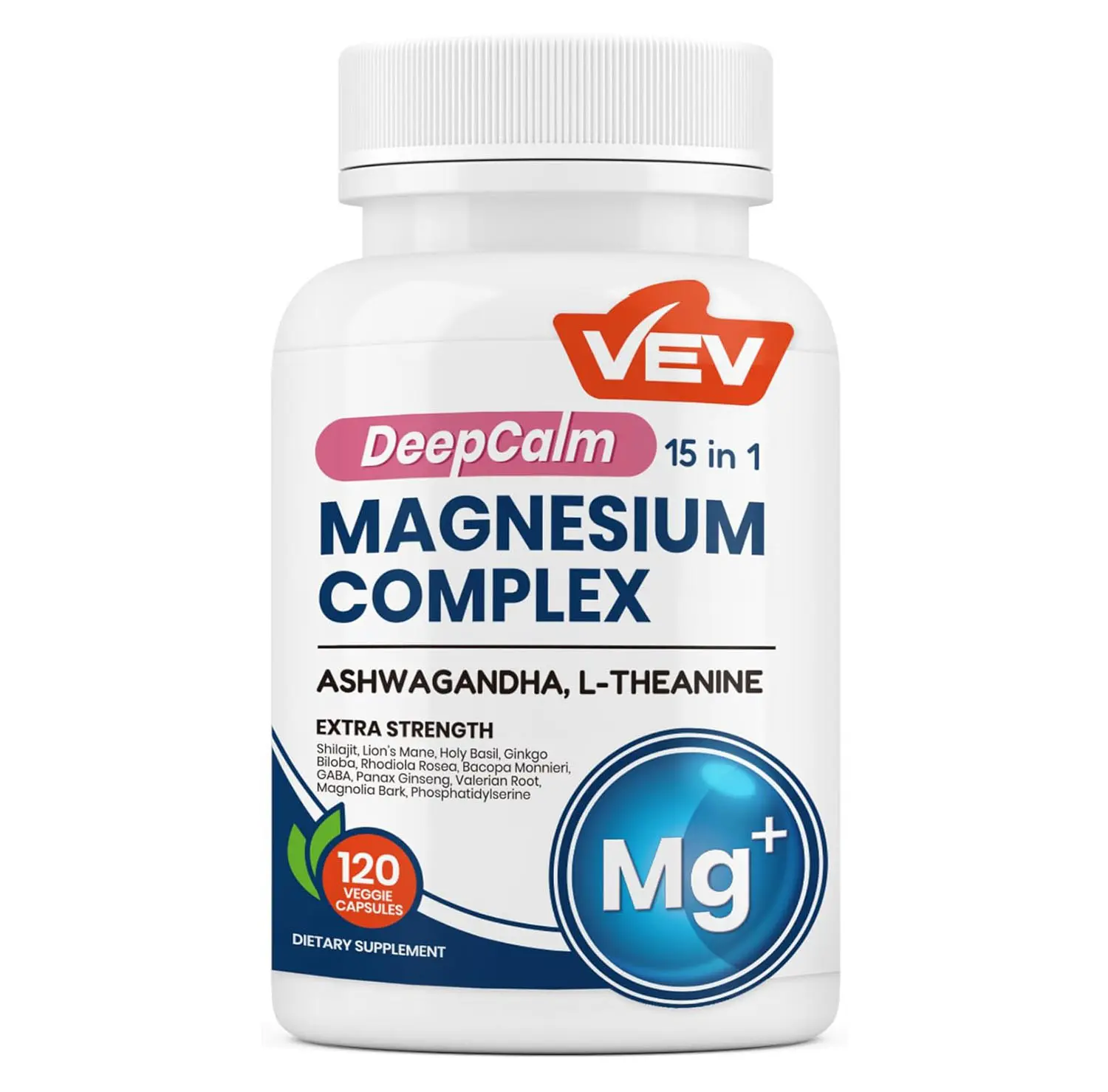 VEV DeepCalm 15-in-1 Magnesium Complex for Women & Men, Magnesium Supplement, Sleep, Glycinate & Citrate Vegan Capsules with Ashwagandha & L-Theanine, 120 Count