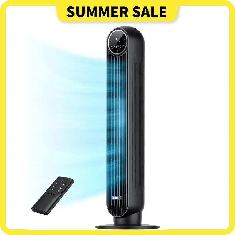 DREO Tower Fan for Bedroom, 2026 Upgraded DC Motor, 28ft/s High Velocity, 20dB Ultra Quiet Standing Fan, 8 Speeds & 4 Modes, 90° Oscillating Bladeless Floor Fan for Indoor Use, with Remote Control, Black