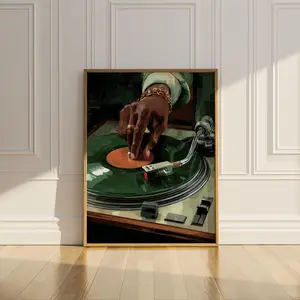 Vinyl Record Player Poster Print Vintage Oil Painting Black Woman Wall Art DJ Retro African Soul Music Lover Wall Decor Gift Matte Poster