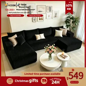 Niccae U-Shaped Modular Sectional Sofa Couch, Reversible Compressed Corduroy Fabric, Modern Sofas Couches for Living Room, Space-Saving Recliner Convertible Sofa Bed (2 or 3 Packages Shipped), Reversible Sectional Sofa