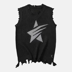 Wizoat Men's Distressed Star Mesh Knit Vest, Grunge Y2K Sleeveless V-Neck Top, Breathable Openwork Tank Top with Frayed Edges, Street-wear Casual Layer for Summer, Concert, Festival & Everyday Outfits