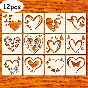12-Piece Heart & Butterfly Hand-Drawn Templates, Reusable DIY Painting Tools, Ideal for Fabric Paper Wall Wood Decor, Art Beginners Professionals